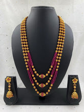 Traditional Gold Plated Triple Layered Golden Matar Mala Necklace For Women (Pink) Golden Beads Jewellery